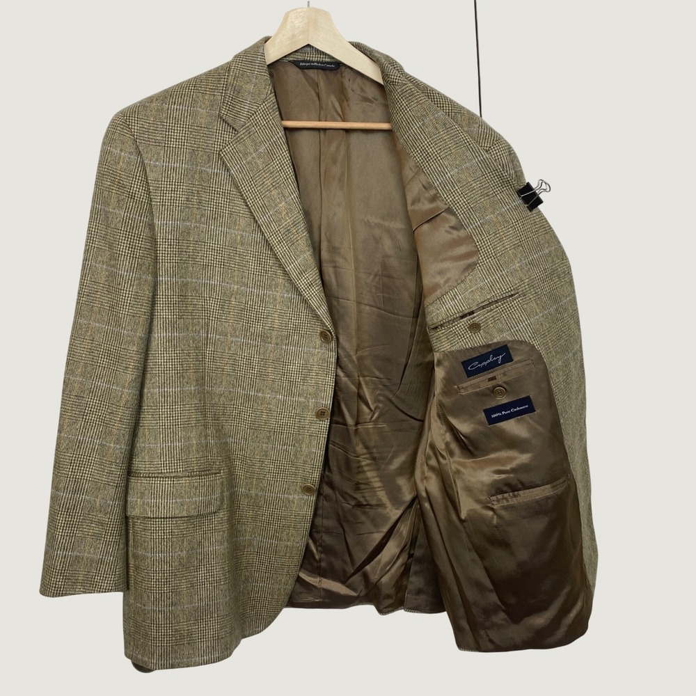 Coppley Minelli 100% Cashmere Beige Glen Plaid Sport Coat Jacket Blazer